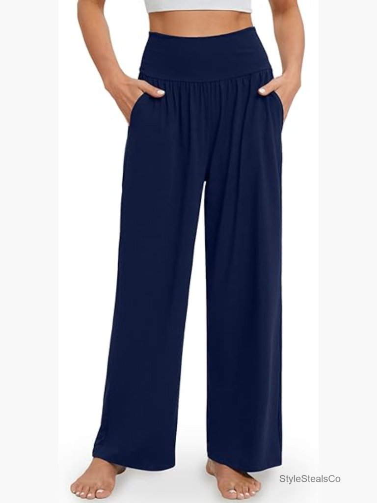 High Waisted Wide Leg Lounge Pants Stretchy Polyester Spandex Pockets